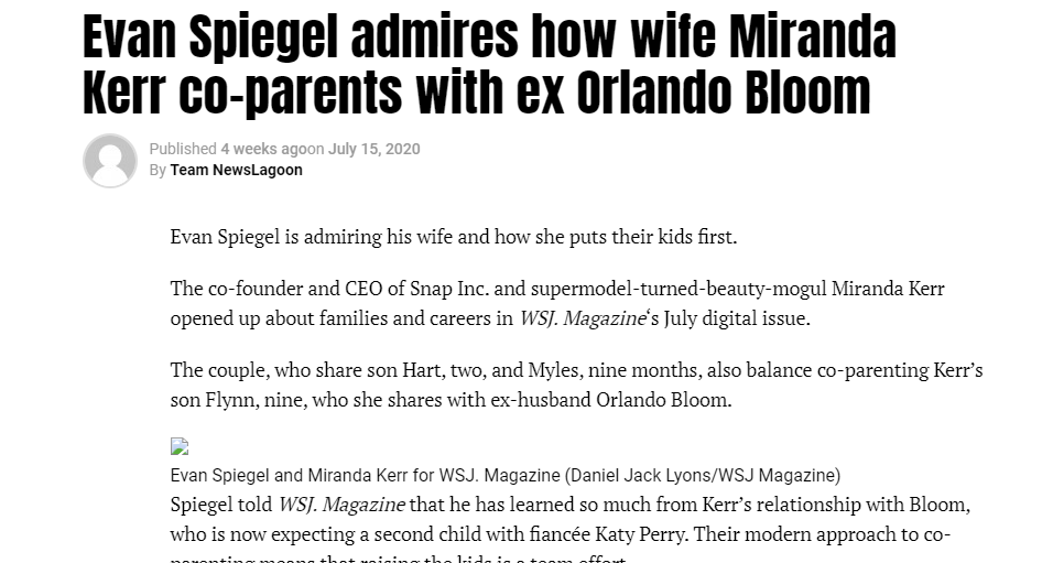 Evan Spiegel admires how wife Miranda Kerr co-parents with ex Orlando Bloom